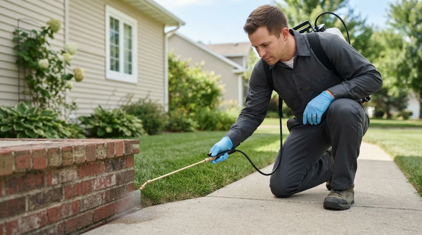 Pest control technician treating a home near Vinson, OK