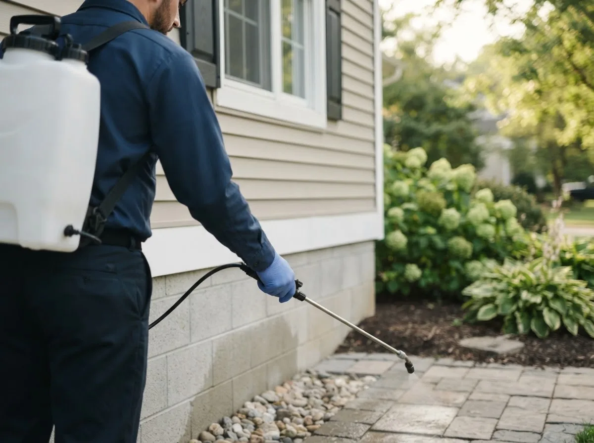 Pest control technician inspecting a home in Vinson, OK